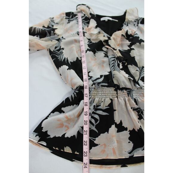 Calvin Klein Black Floral Ruffle Blouse Medium Elastic Waist Sheer Lined - Picture 6 of 6